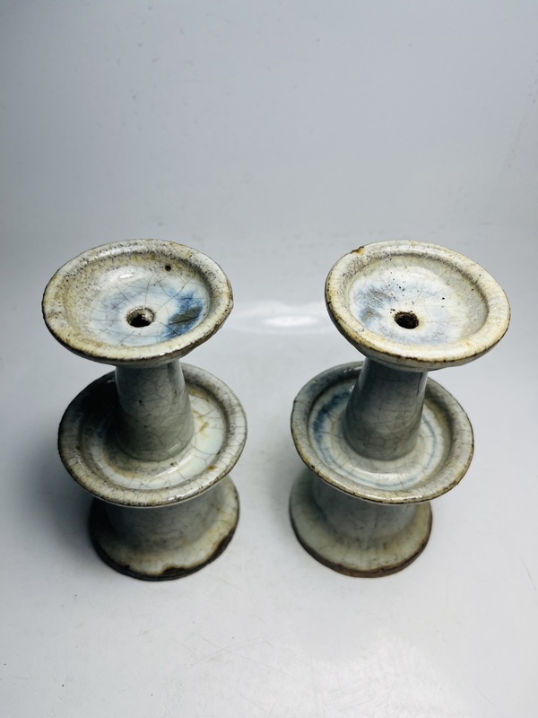 古玩陶瓷（清末民初）窯變哥釉燭臺一對拍賣，當前價格0元