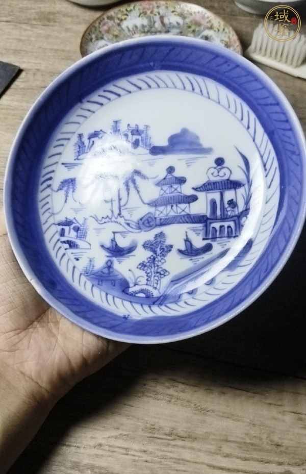 古玩陶瓷青花亭臺樓閣山水盤真品鑒賞圖