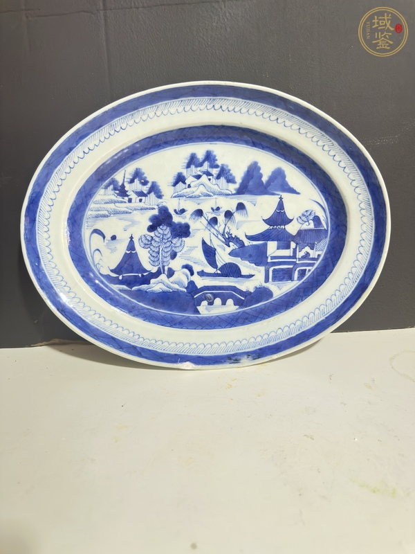 古玩陶瓷青花山水人物紋折腰盤真品鑒賞圖