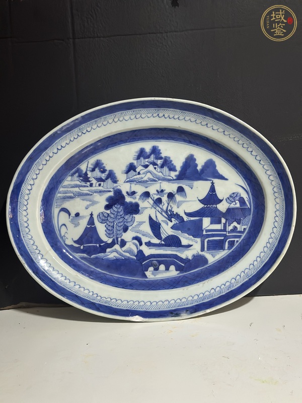 古玩陶瓷青花山水人物紋折腰盤真品鑒賞圖