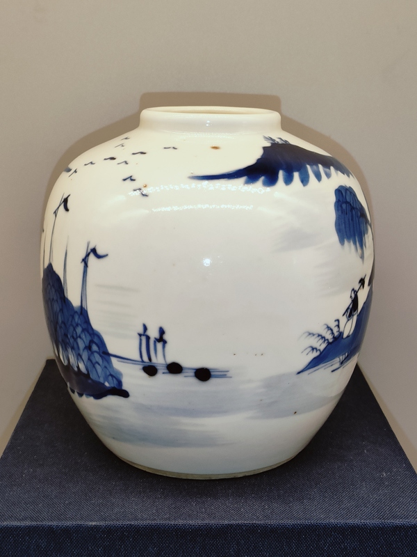 古玩陶瓷清代，精品通景山水人物青花罐拍賣，當前價格3999元