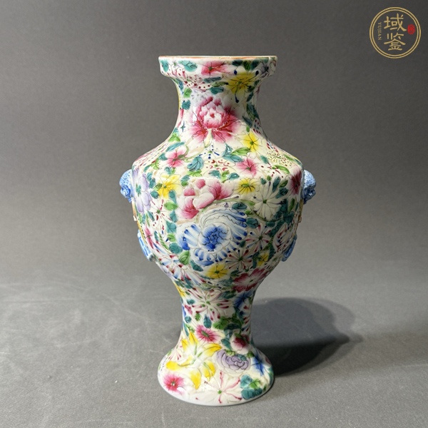 古玩陶瓷粉彩百花圖盤口瓶真品鑒賞圖