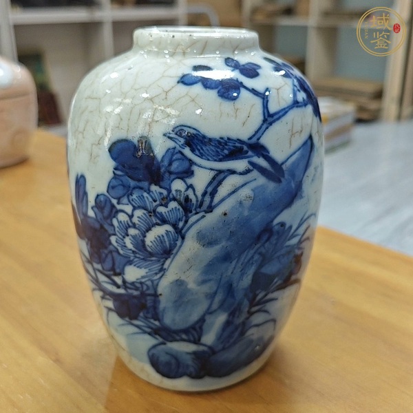 古玩晚清哥釉青花花鳥罐真品鑒賞圖