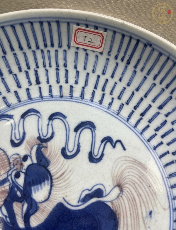 古玩陶瓷青花釉里紅飄帶繡球獅子紋盤真品鑒賞圖