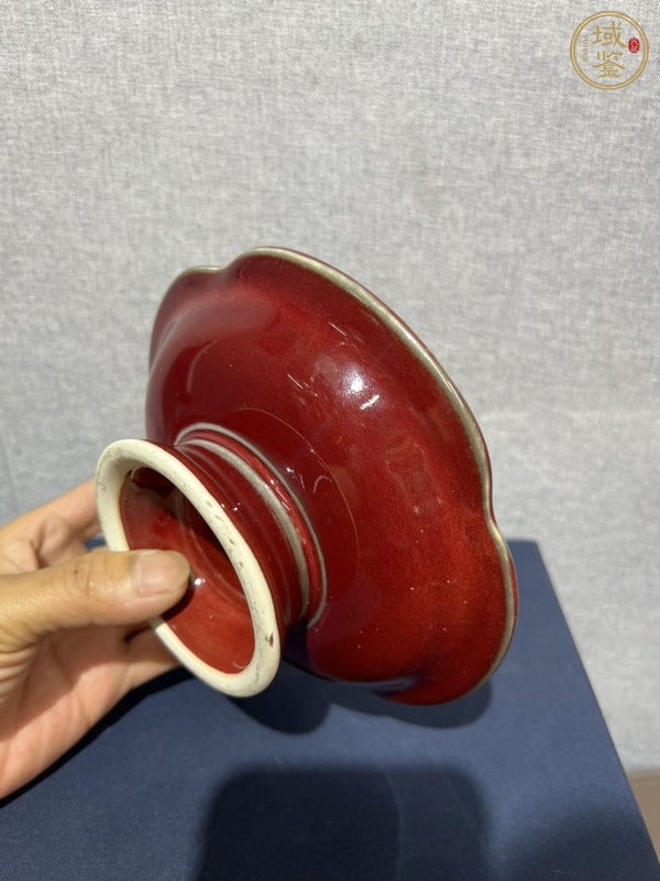 古玩陶瓷郎紅釉花口高足盤真品鑒賞圖
