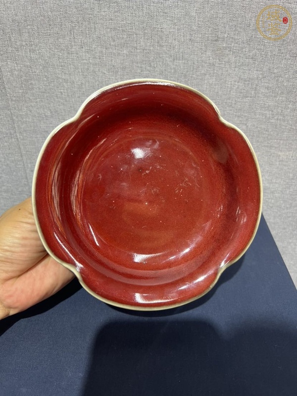 古玩陶瓷郎紅釉花口高足盤真品鑒賞圖
